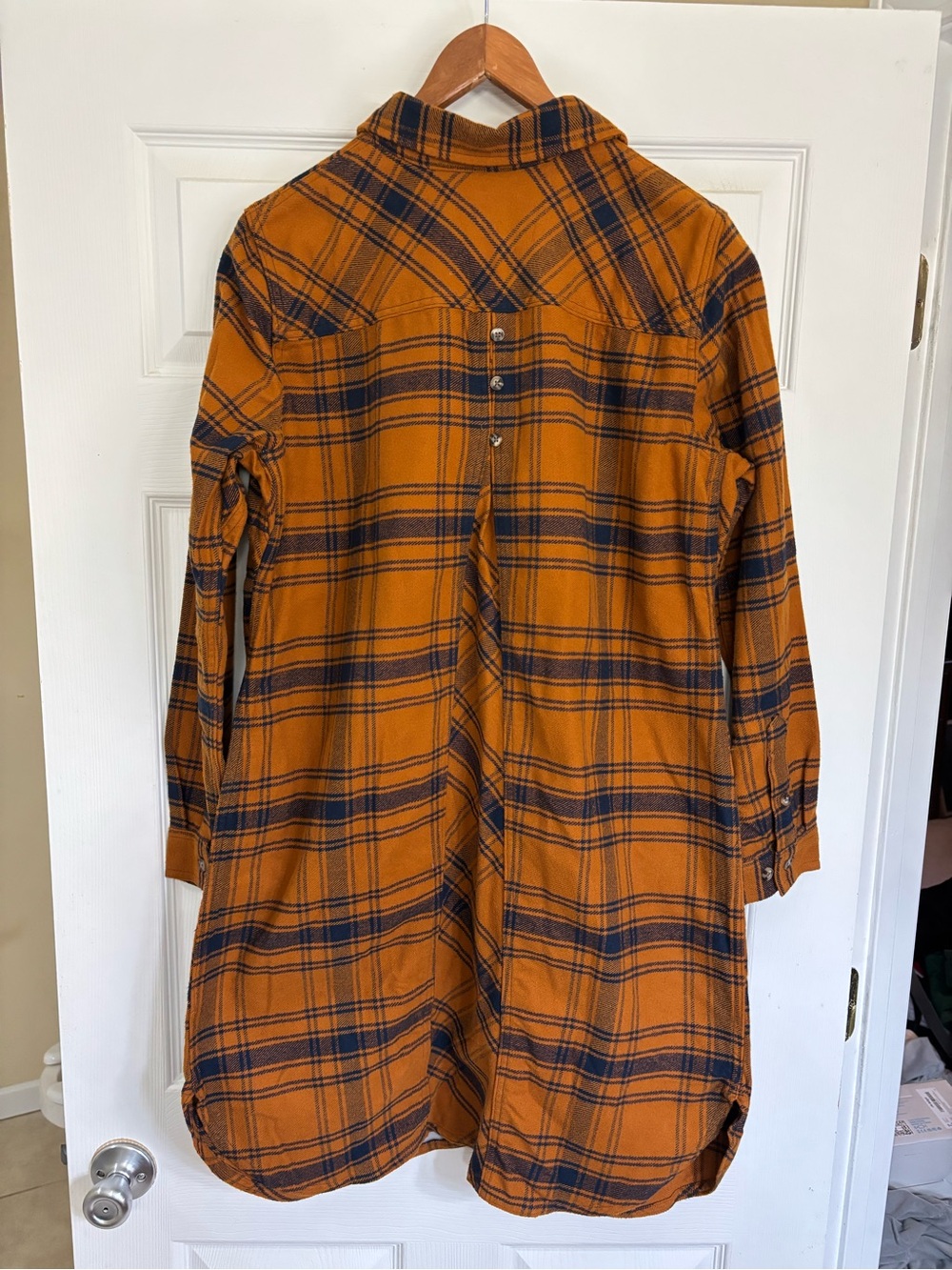 Duluth Trading Co Orange and Navy Plaid Flannel Shirt Dress - Picture 2 of 5